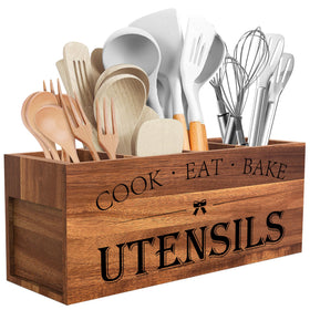 Suli acacia wood utensil holder with four compartments keeps tools organized on the counter