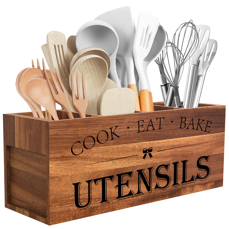 Suli acacia wood utensil holder with four compartments keeps tools organized on the counter
