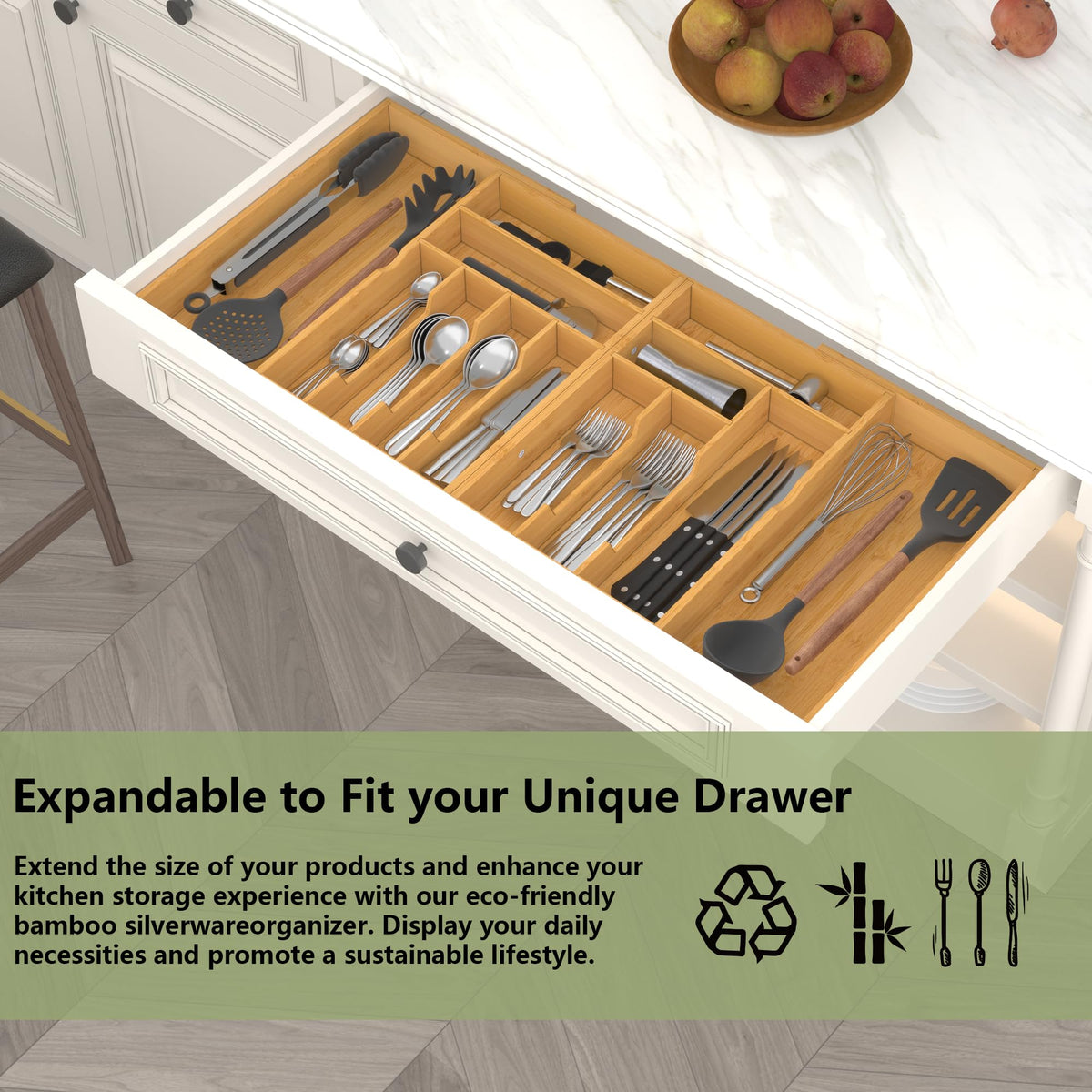 Suli adjustable organizer demonstrates configurable setup for large kitchen drawers