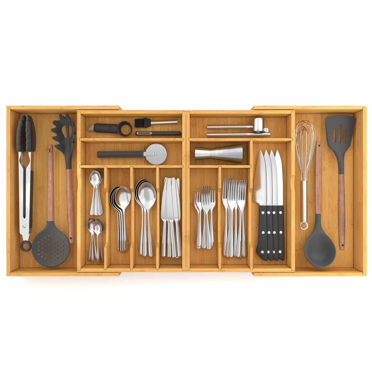 Suli bamboo drawer organizer extended in a wide drawer keeping utensils neatly separated