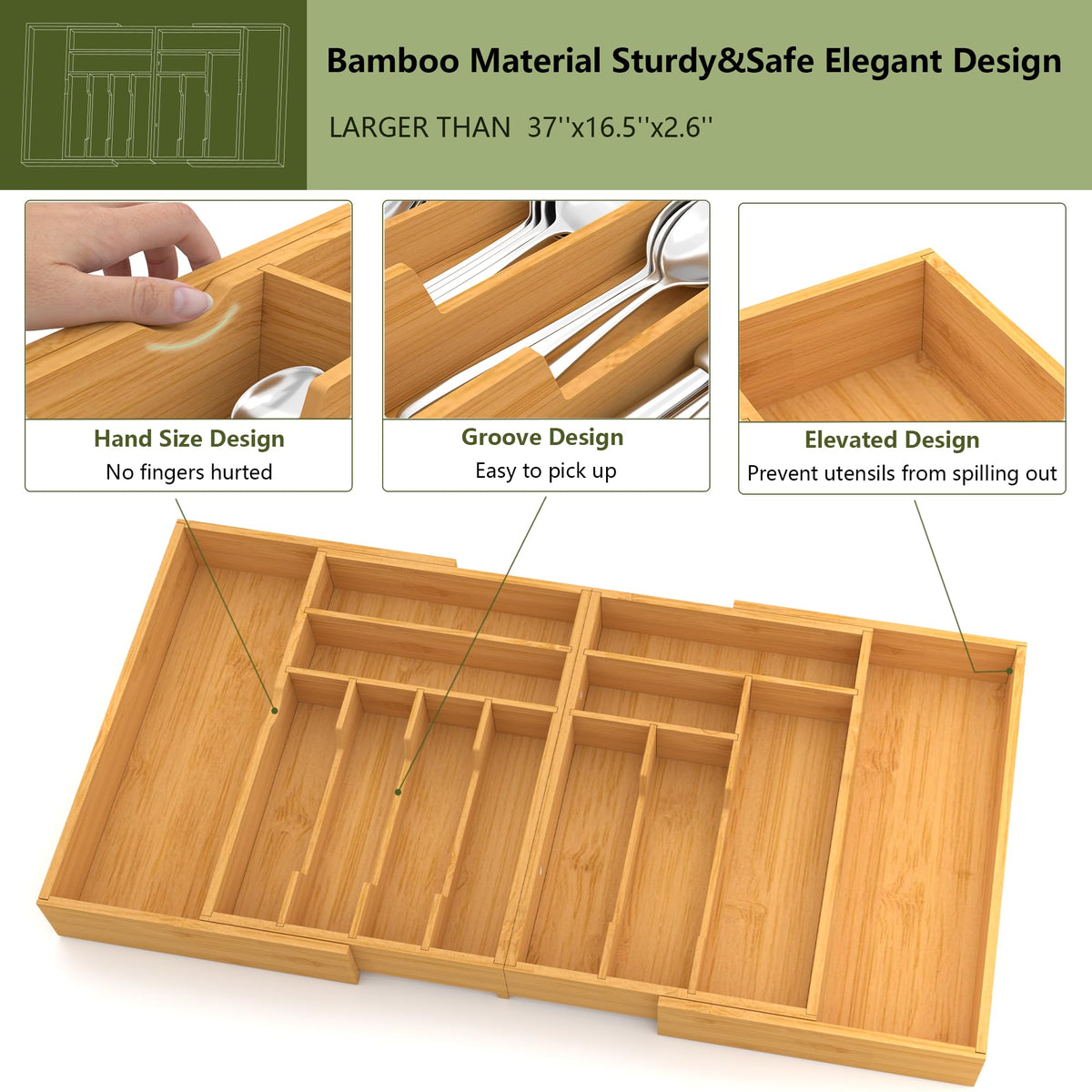 Knife, fork, and spoon sets neatly organized in the Suli tray