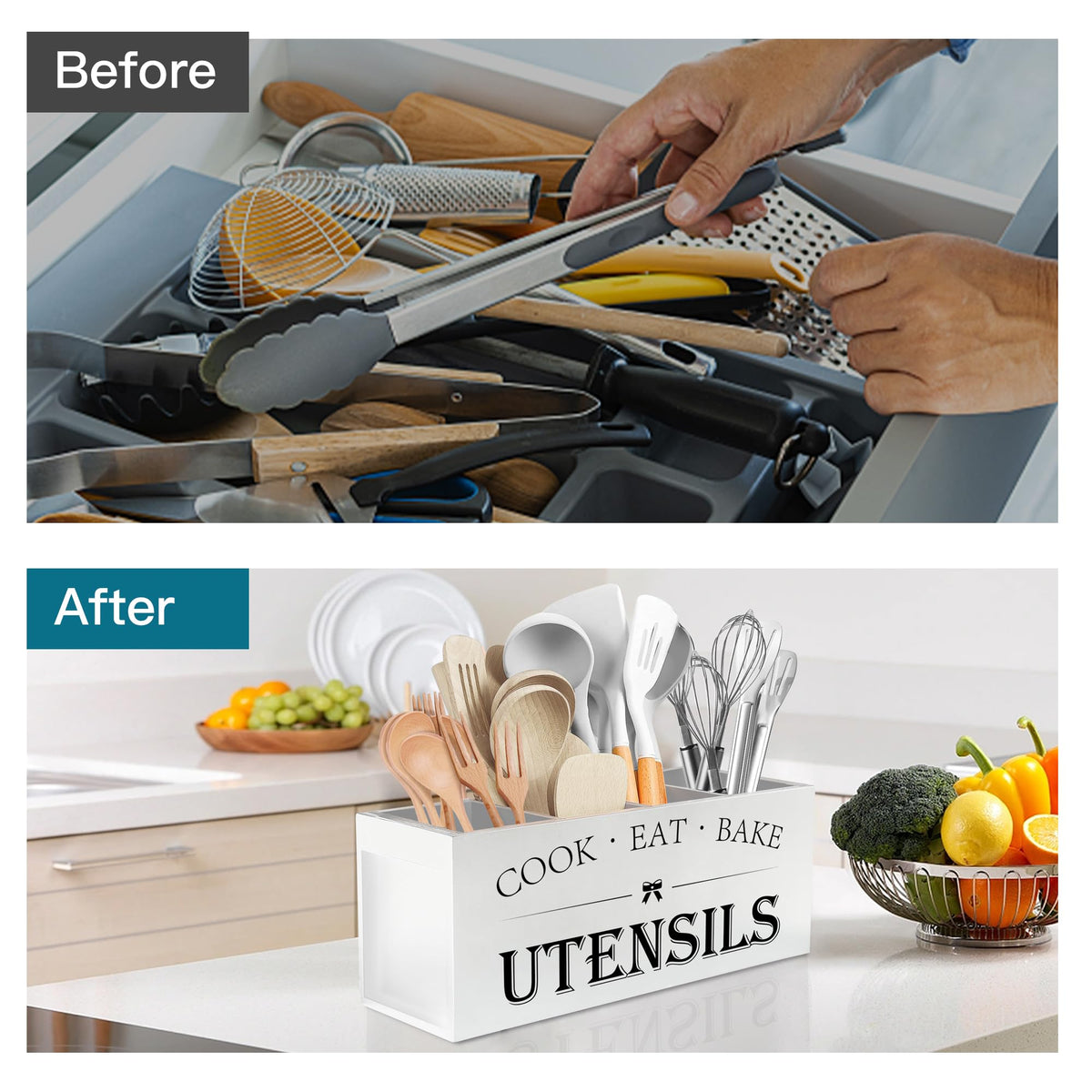 Suli countertop organizer in rustic white adds farmhouse charm.