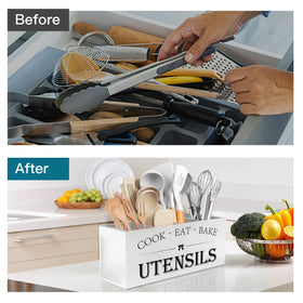 Suli countertop organizer in rustic white adds farmhouse charm.