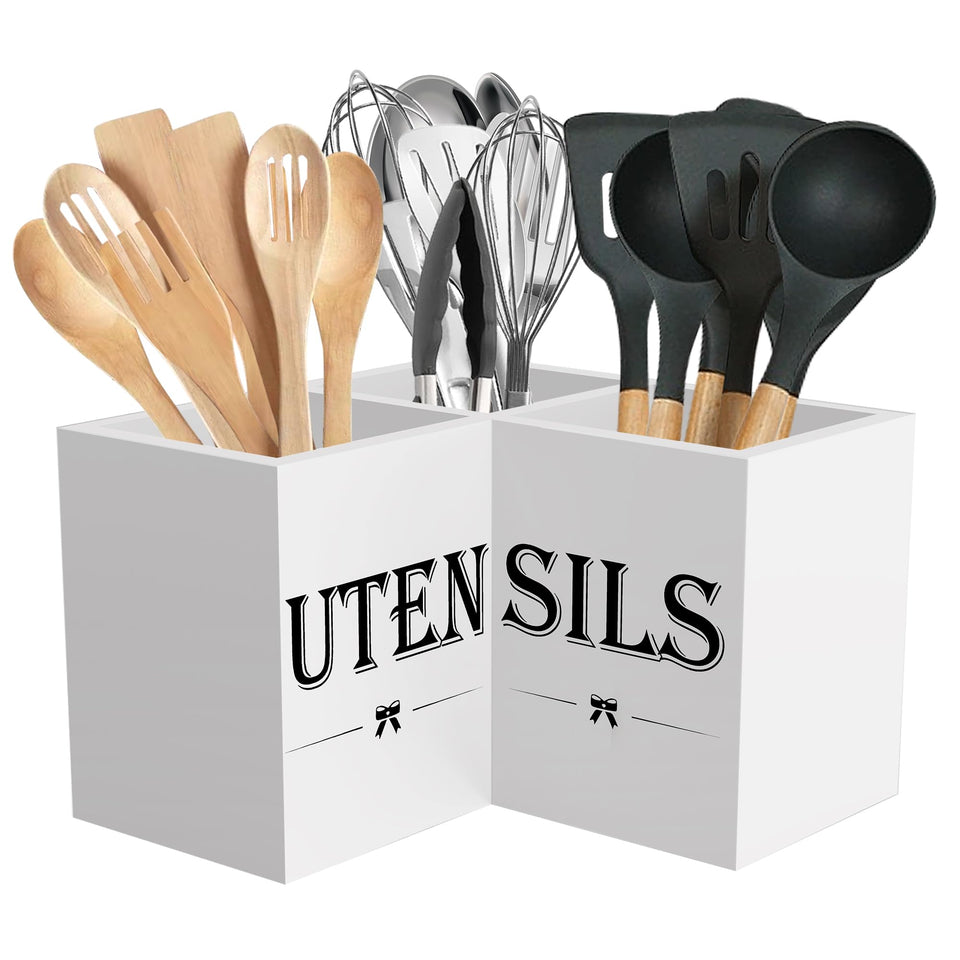 Suli extra large utensil holder with three compartments keeps countertops tidy.