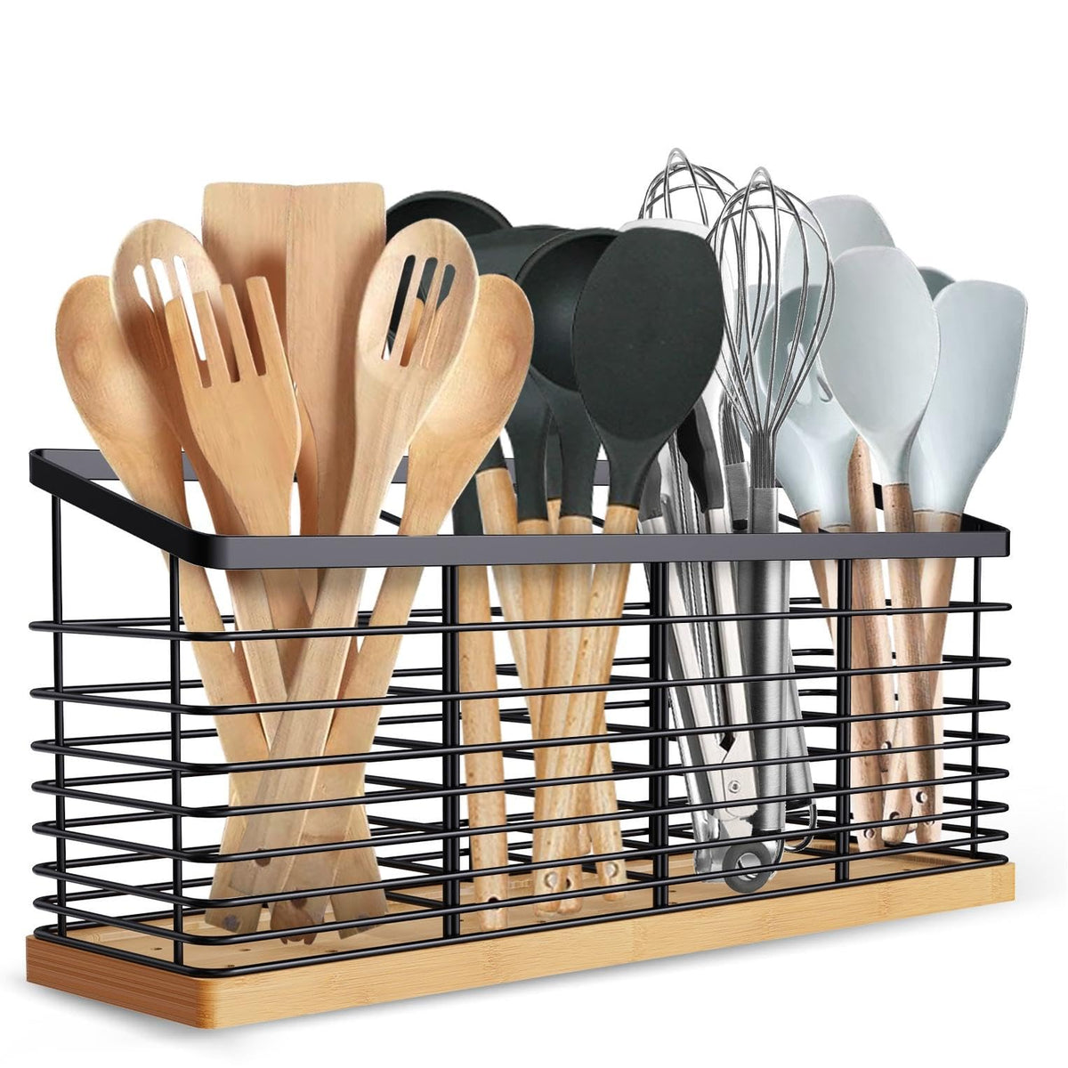 Suli extra-large utensil holder with four compartments keeps utensils organized.
