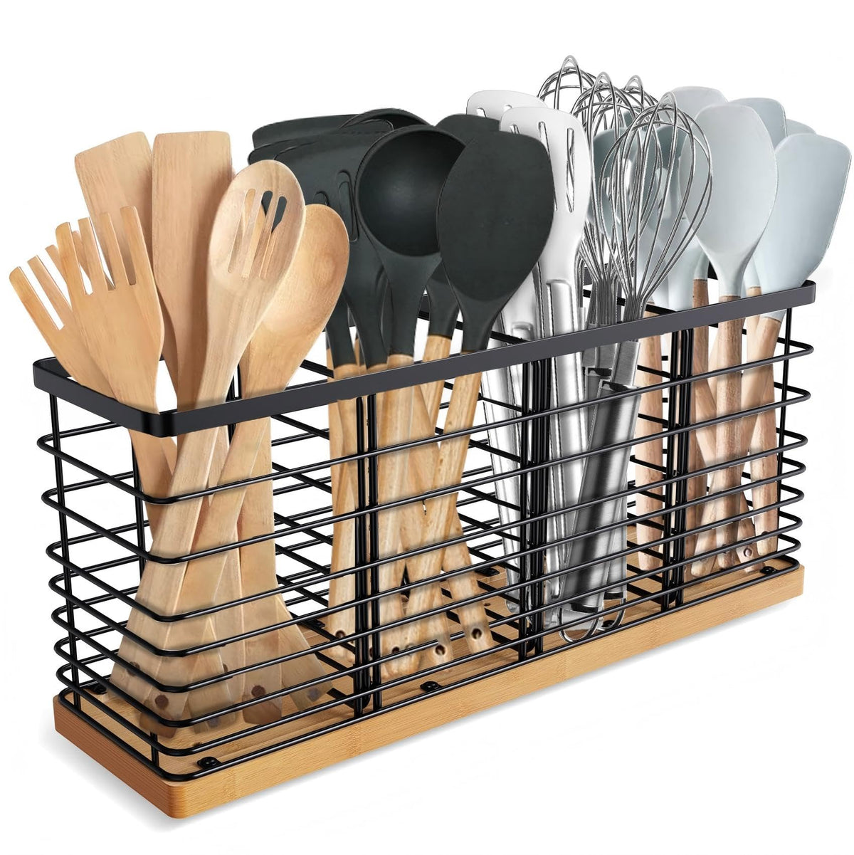 Suli extra-large utensil holder with four compartments keeps tools organized on the counter.