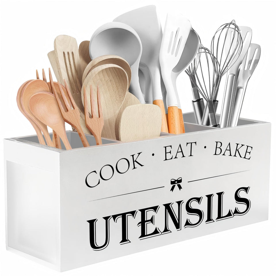 Suli extra-large wooden utensil holder with four compartments keeps counters organized.