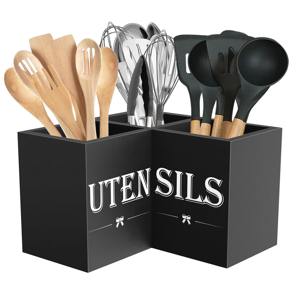 Suli extra-large utensil holder with three compartments keeping tools organized on the counter.