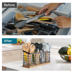 Suli kitchen organizer on the counter keeps knives and tools within reach.