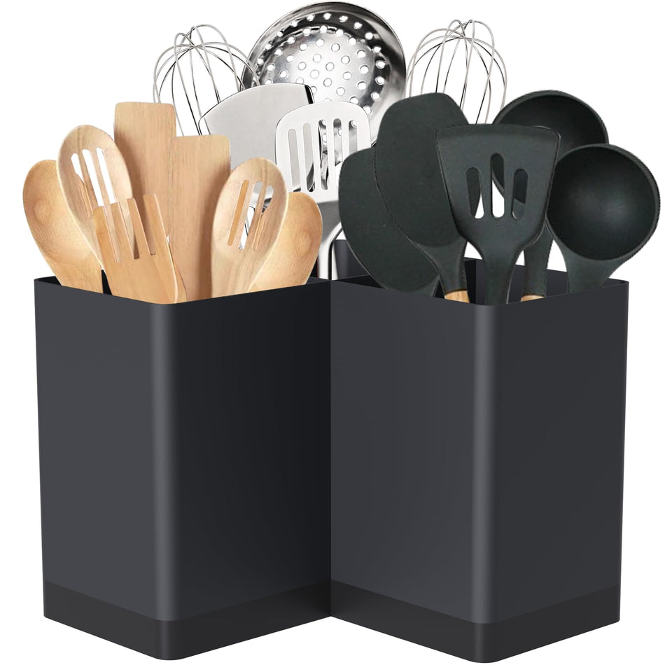 Suli corner-space-saving utensil holder on a countertop keeps utensils within reach.