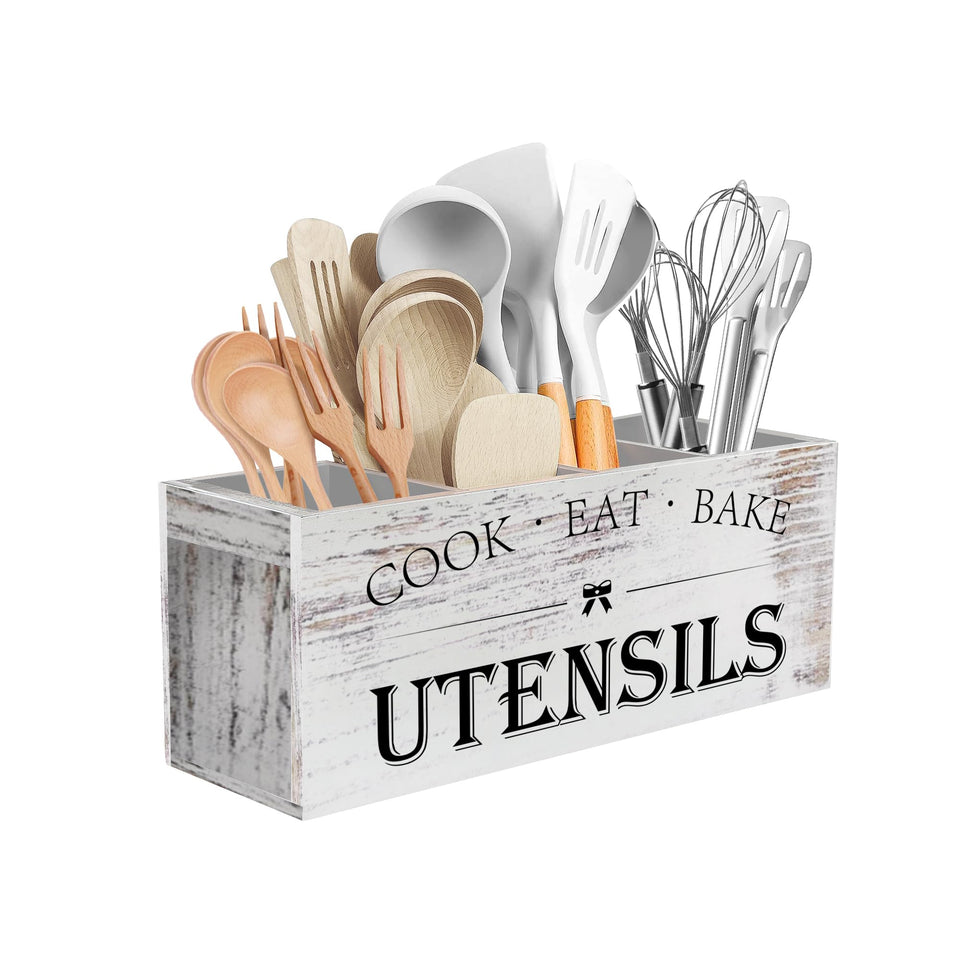Suli four-compartment utensil holder in white grain on countertop