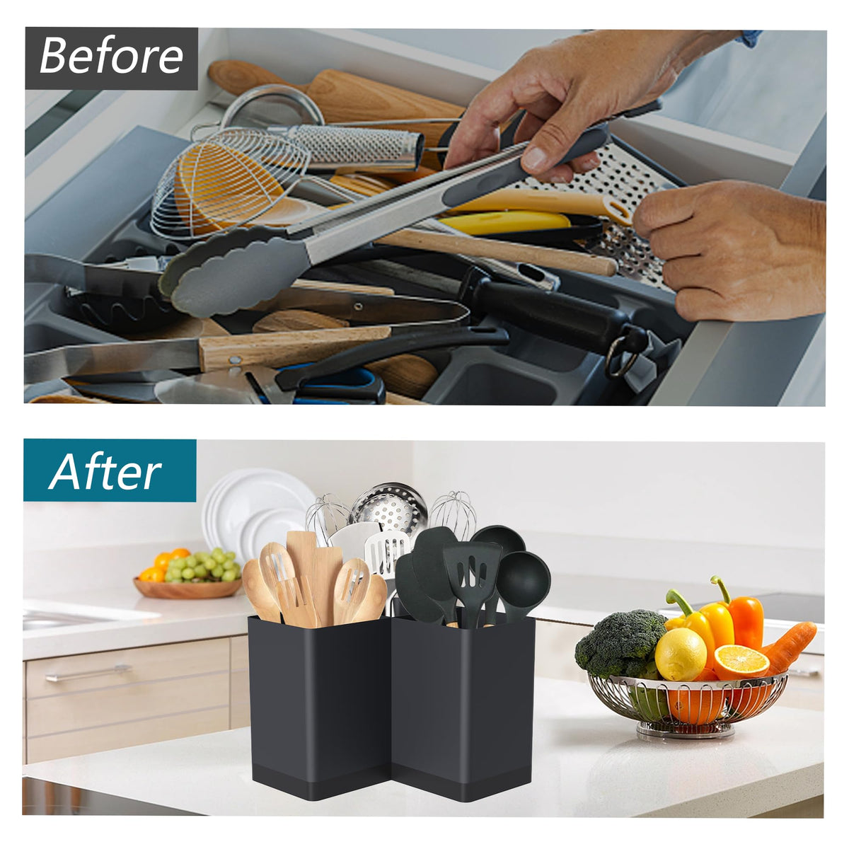Suli triangular-design utensil holder fits into tight corners for extra counter space.