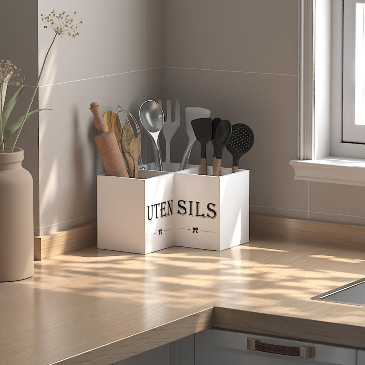 Suli wooden utensil organizer adds rustic farmhouse charm to kitchens.