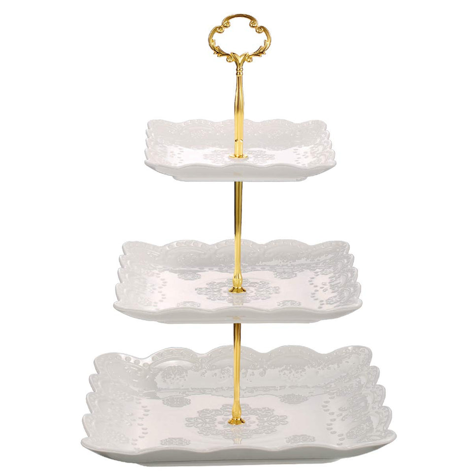 Sumerflos 3-tier porcelain cupcake stand assembled for elegant dessert display at events.
