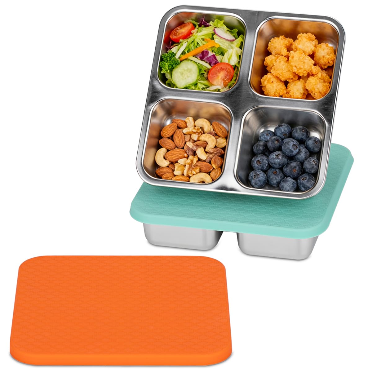 SUMERX snack box with four compartments in orange and blue for organized portion control.