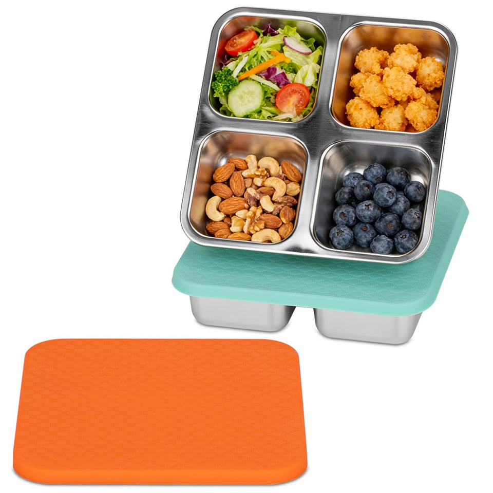 SUMERX snack box with four compartments in orange and blue for organized portion control.