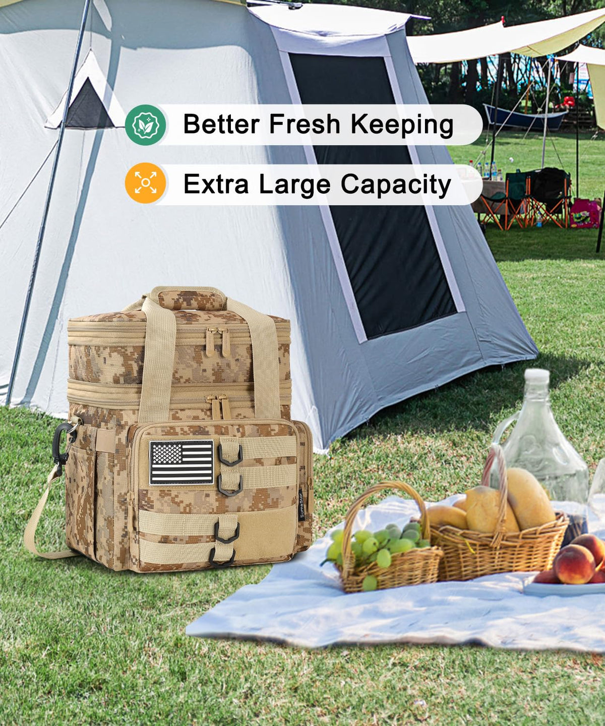 SumeStar large insulated lunch bag top open showing expandable height feature.