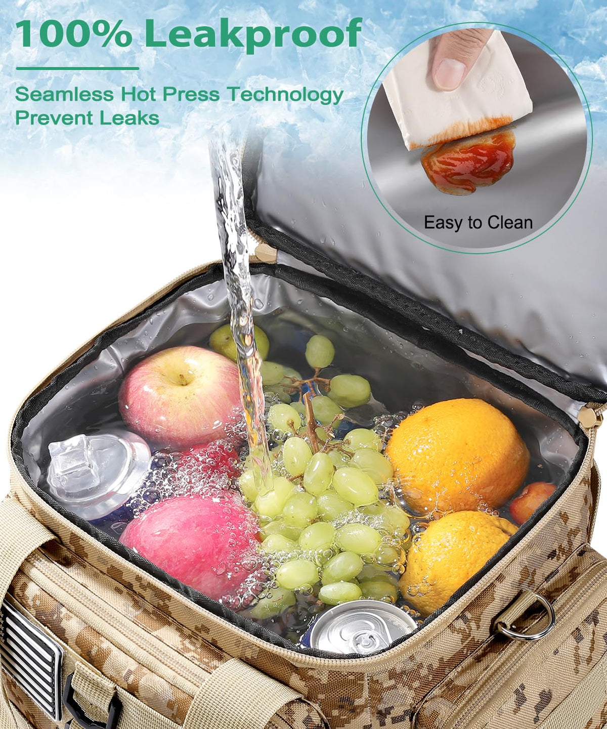 SumeStar leakproof PEVA inner lining, ultrasonically welded for spills.