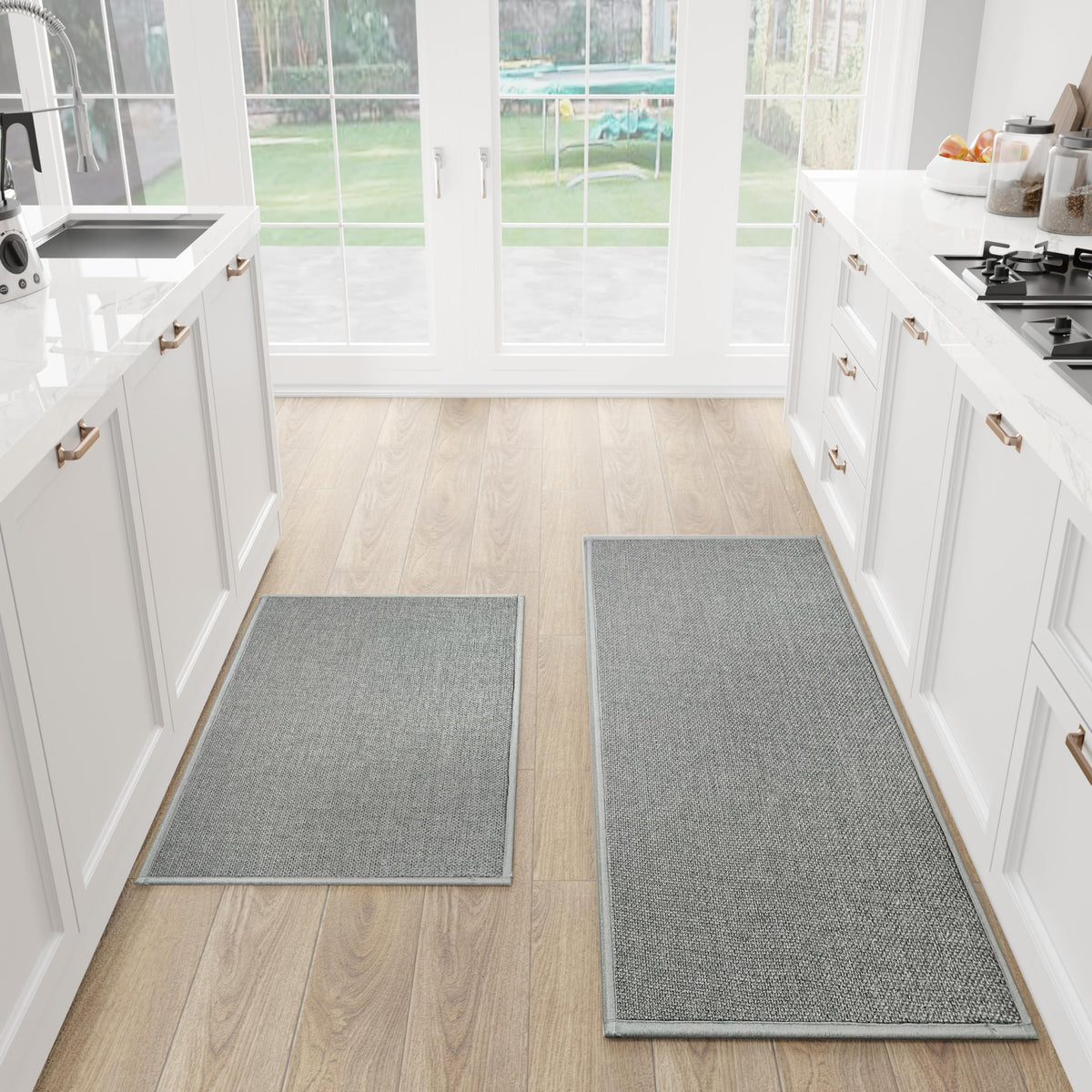 SUMLANS 2-piece grey kitchen mat set with cushioned, non-slip backing for stability.
