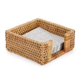 Sumnacon square rattan napkin holder on dining table with rustic charm