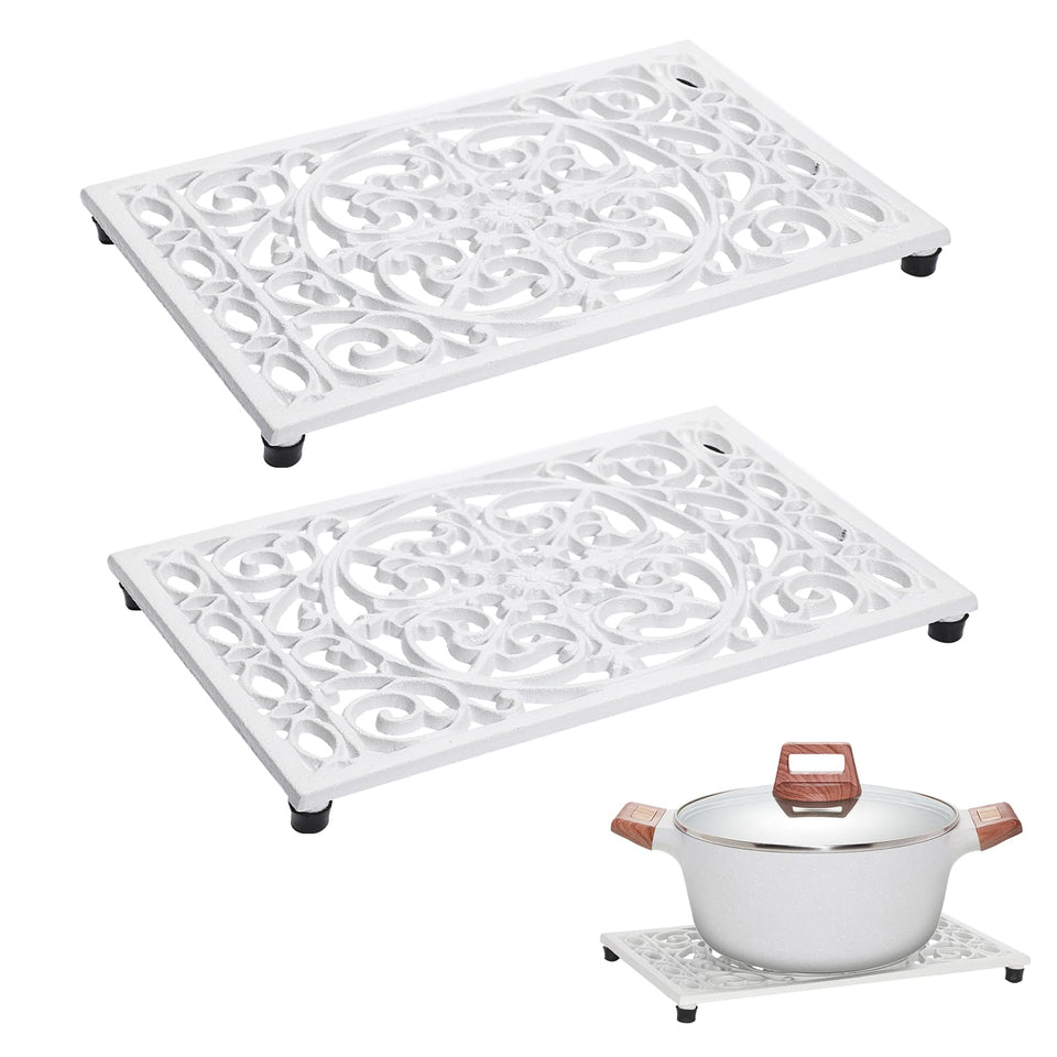 Sumnacon rectangle cast iron trivet in white protecting counters from heat.
