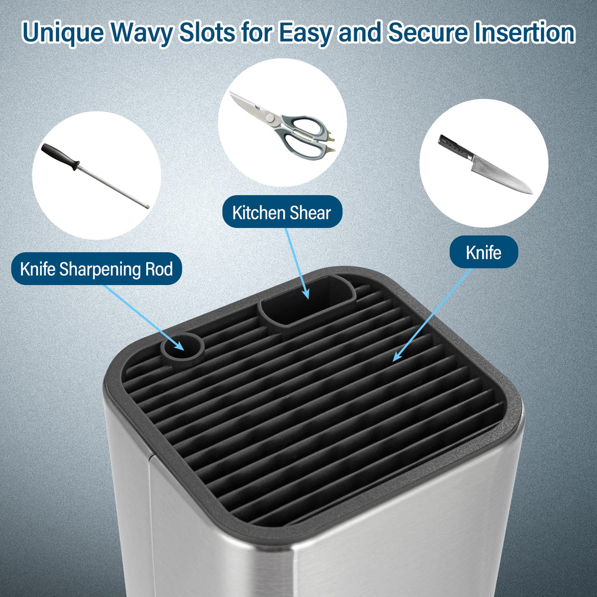 Sumteene Universal Knife Block interior highlighting vertical slots for safe blade access