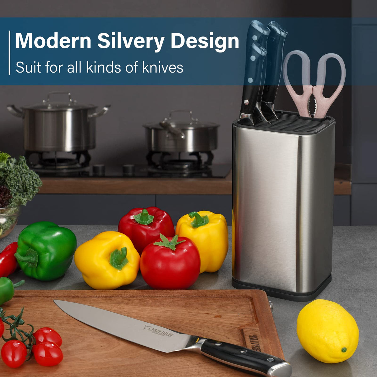 Sumteene Universal Knife Block includes slots for sharpening rod and scissors