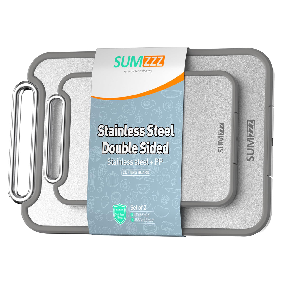 Sumzzz stainless steel cutting board with dual sides for versatile prep.