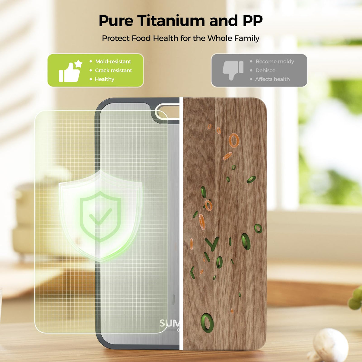 Sumzzz titanium cutting board with built-in juice groove catches liquids