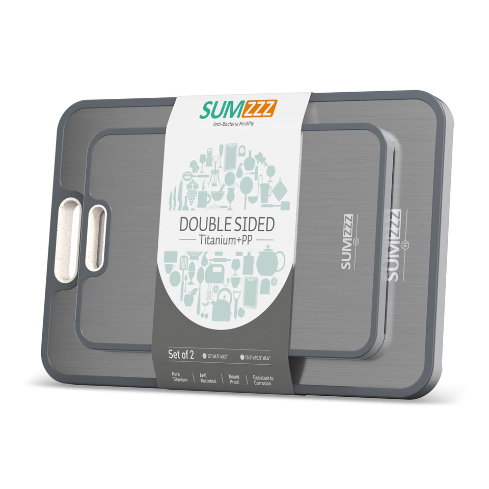 Sumzzz titanium cutting board two-sided for versatile prep and lasting durability.
