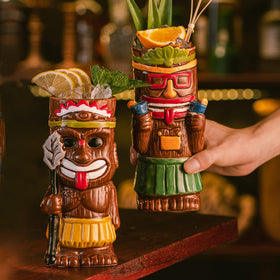Sun Gkotta ceramic tiki mugs – glossy finish catches light for a polished look.