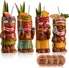 Sun Gkotta cocktail tiki mugs set – four cups ideal for tropical parties.