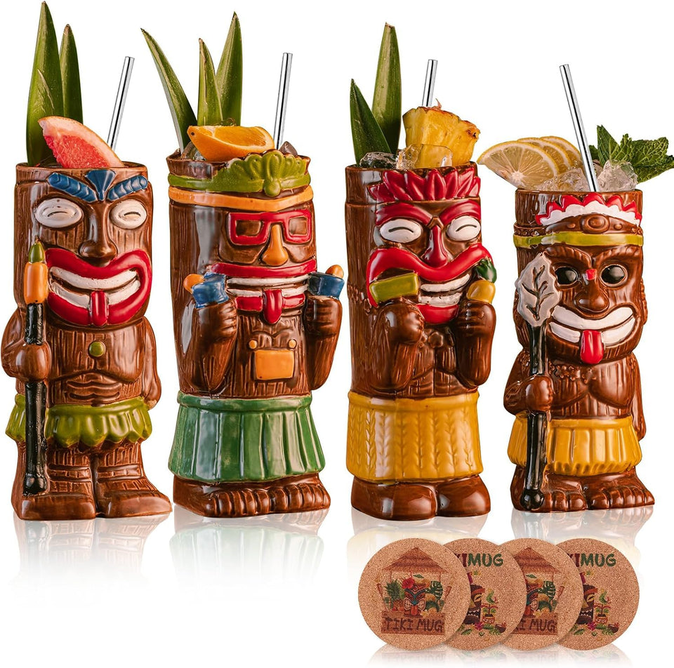 Sun Gkotta cocktail tiki mugs set – four cups ideal for tropical parties.