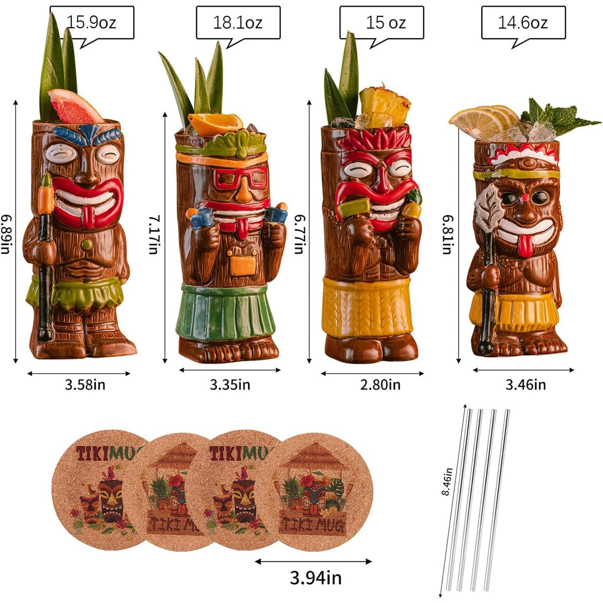 Sun Gkotta tiki mugs with four coasters – complete serveware for home bars.