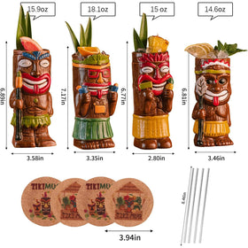 Sun Gkotta tiki mugs with four coasters – complete serveware for home bars.