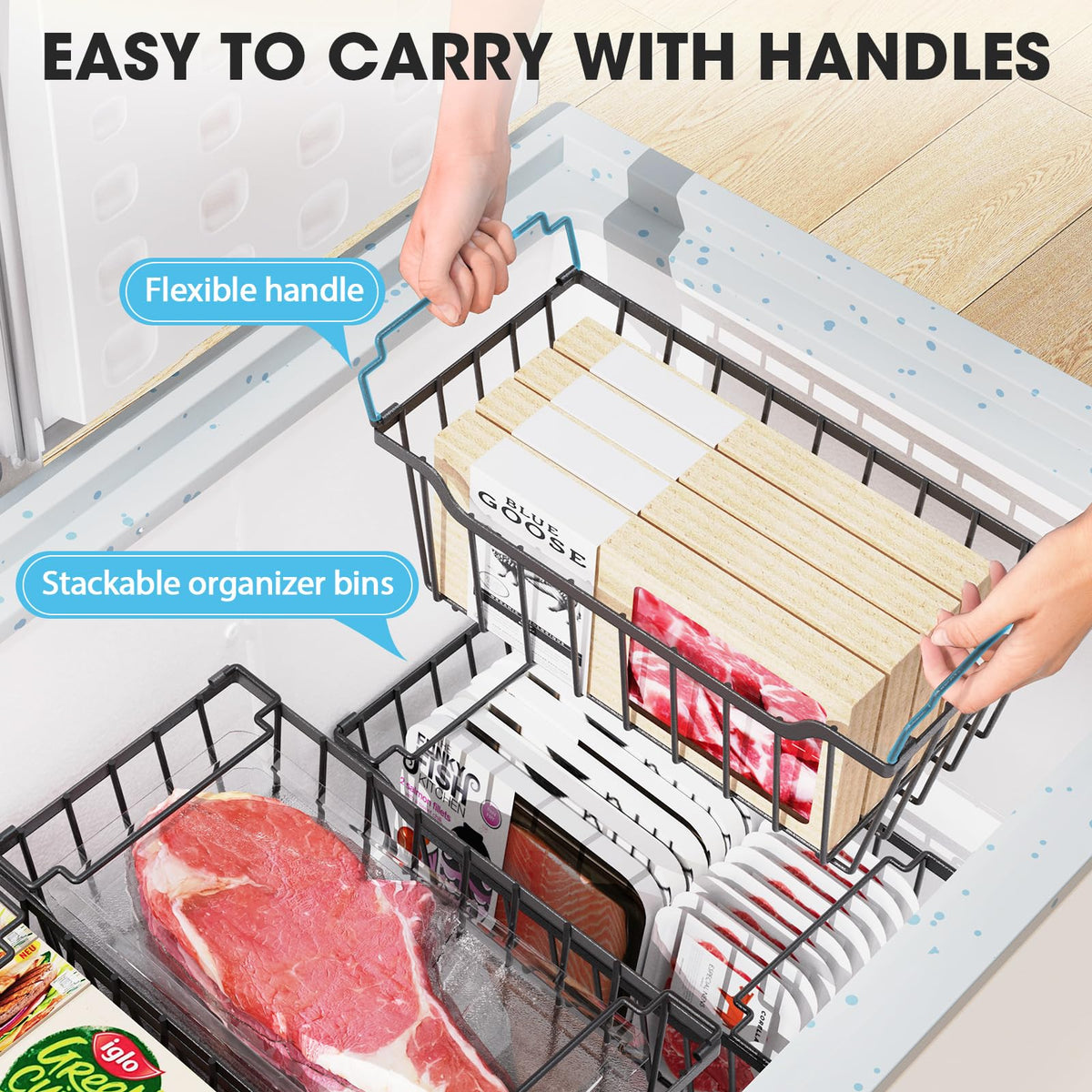 SUNALLY deep freezer bins with reinforced bottom crossbars for durability