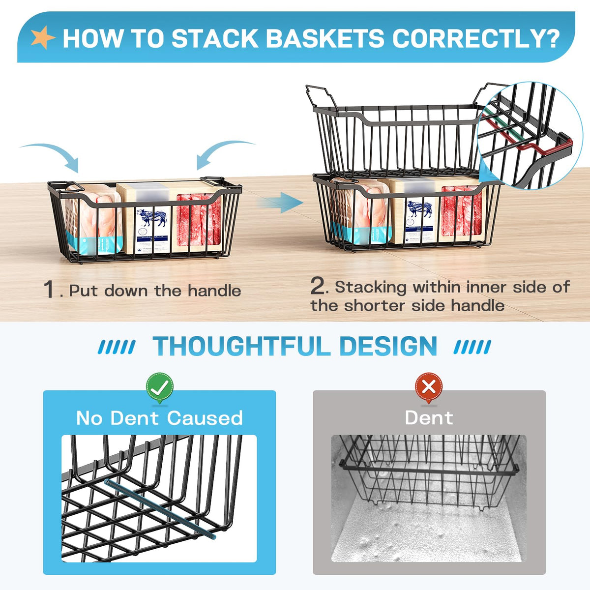 SUNALLY freezer baskets with handles for easy pull and access