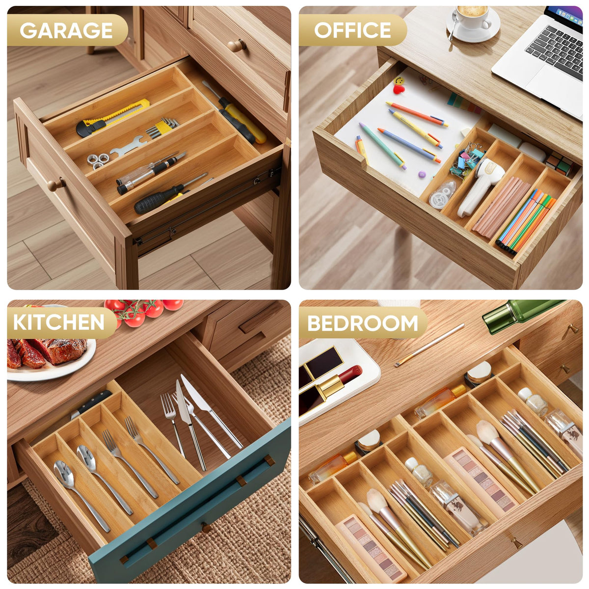 SUNBREATH eco-friendly bamboo drawer organizer adds warm natural style.