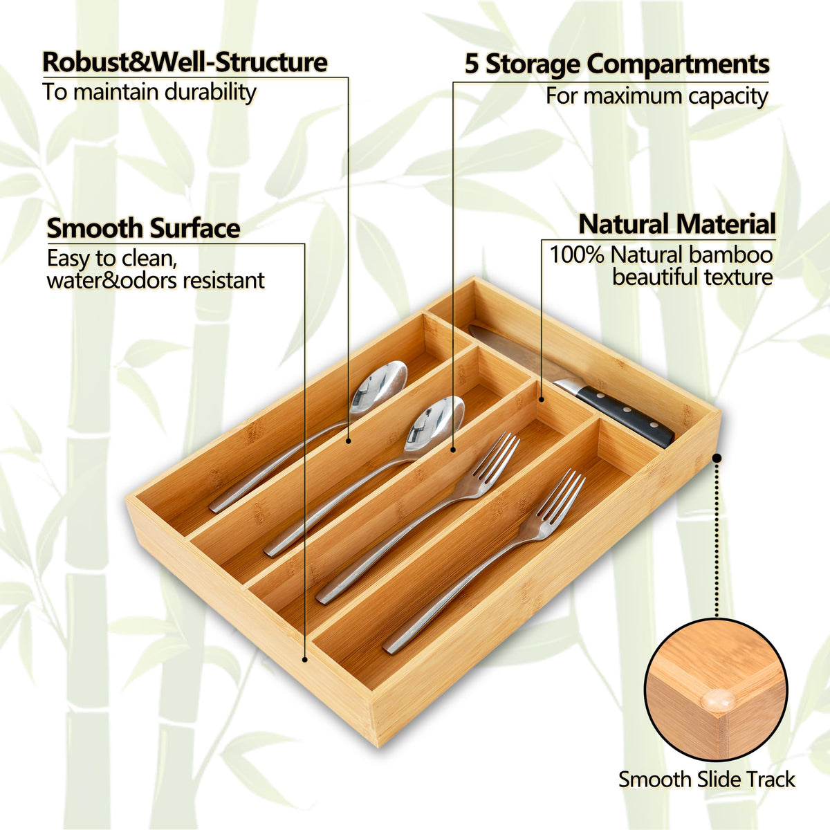 SUNBREATH five-compartment tray for organized cutlery and utensils.