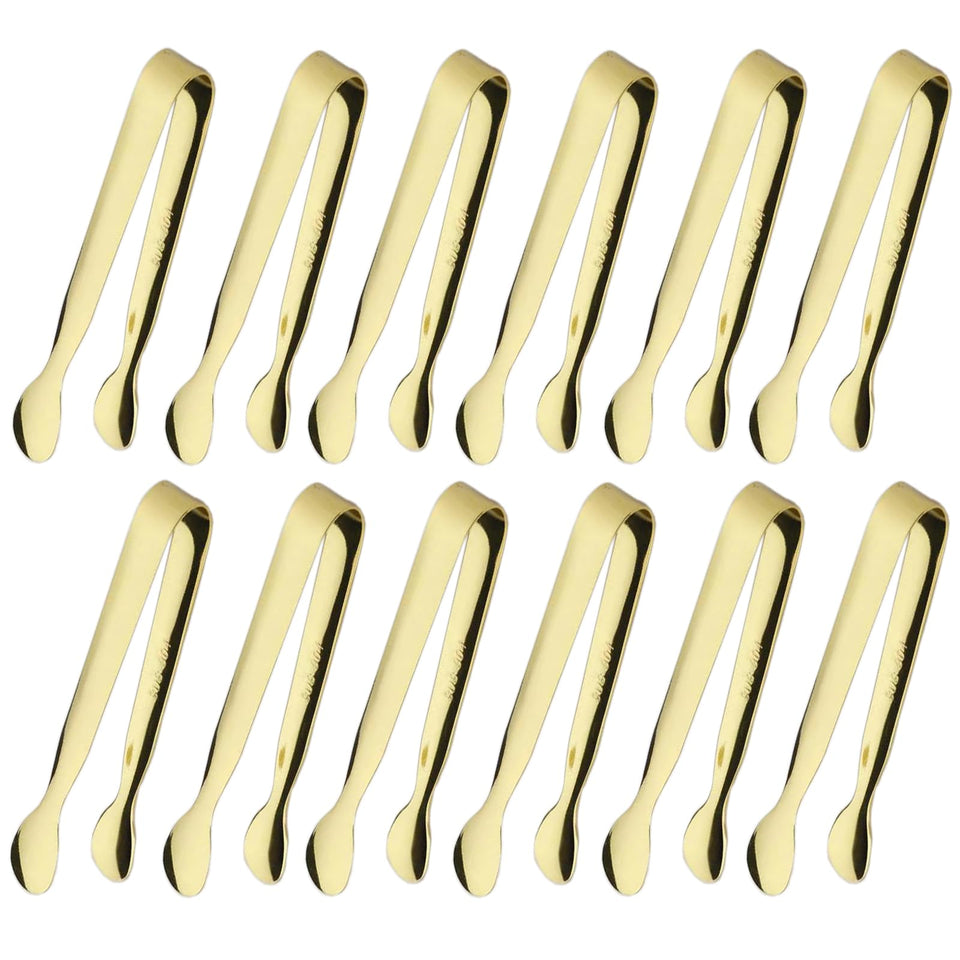 Sunenlyst mini sugar tongs in gold for easy sugar cube serving.