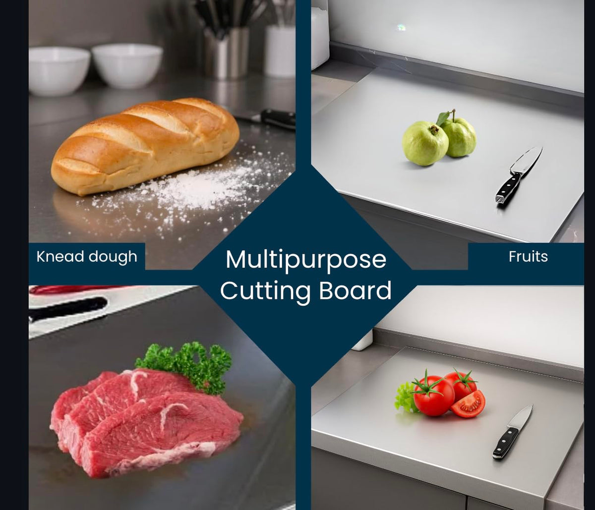 Suneville board features lip edge to catch juices while slicing.