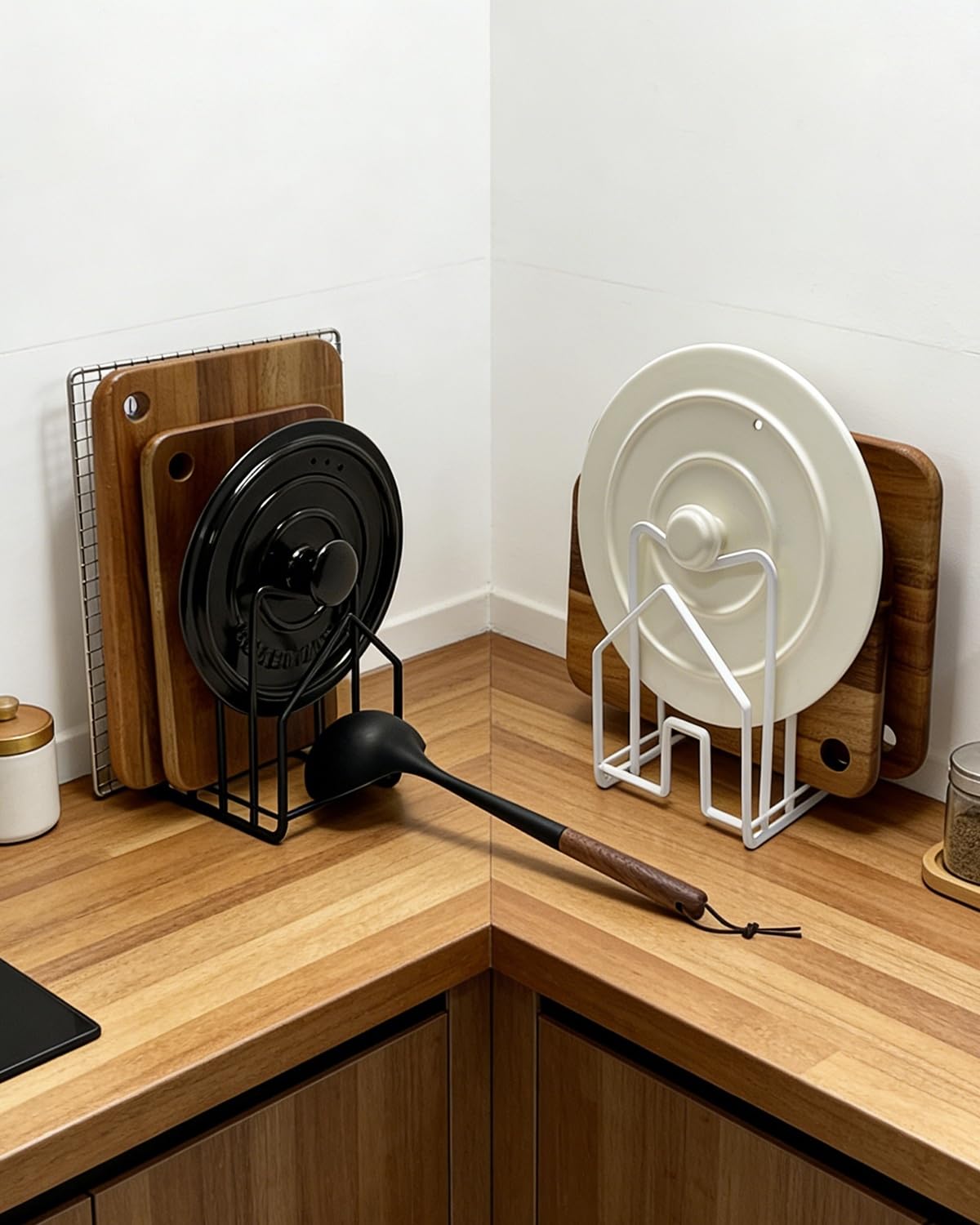 SUNFICON cutting board rack white cabinet display for neat storage.