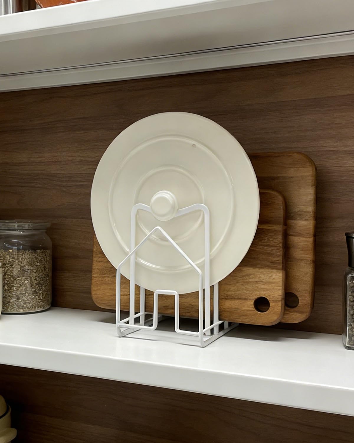 SUNFICON cutting board rack white side view highlighting compact footprint for small spaces.