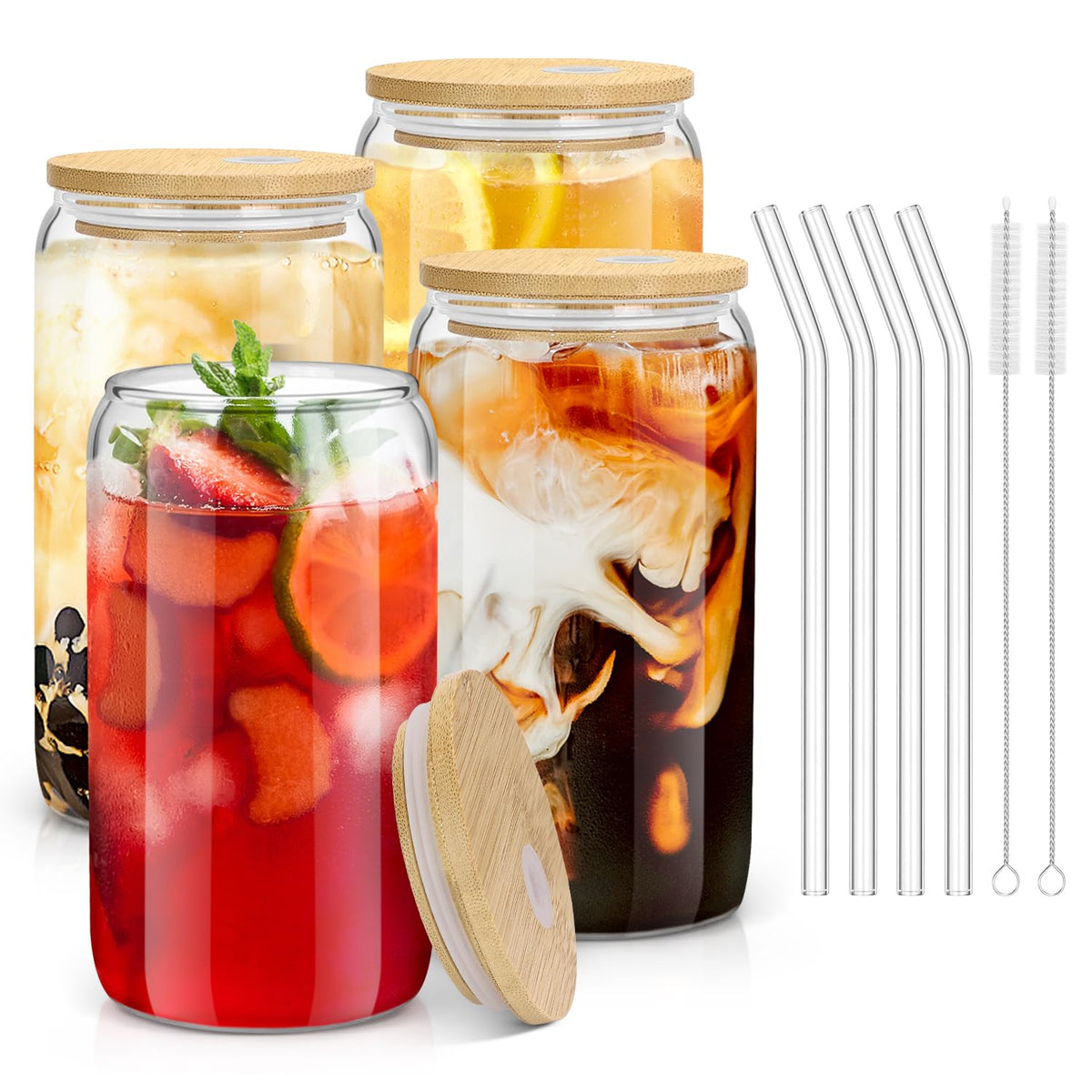 Sungwoo 4-piece glass cups with bamboo lids and straws for a stylish 16oz set.