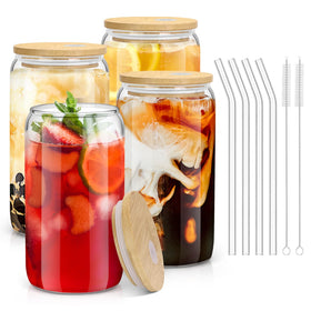 Sungwoo 4-piece glass cups with bamboo lids and straws for a stylish 16oz set.