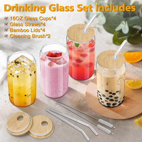 Sungwoo crystal-clear glass tumblers with bamboo lids for cold and hot beverages.