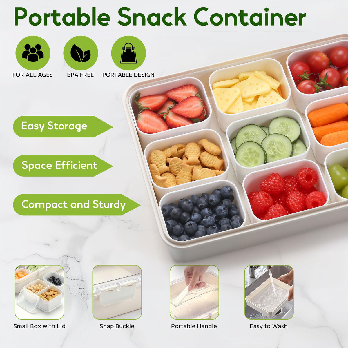Sunhanny Snackle Box nine mini boxes with lids for mess-free portions.