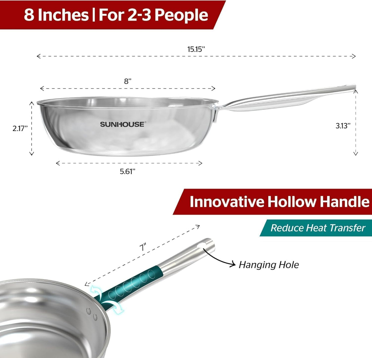 Sunhouse 8-inch pan interior view highlights smooth coating-free surface ideal for eggs.