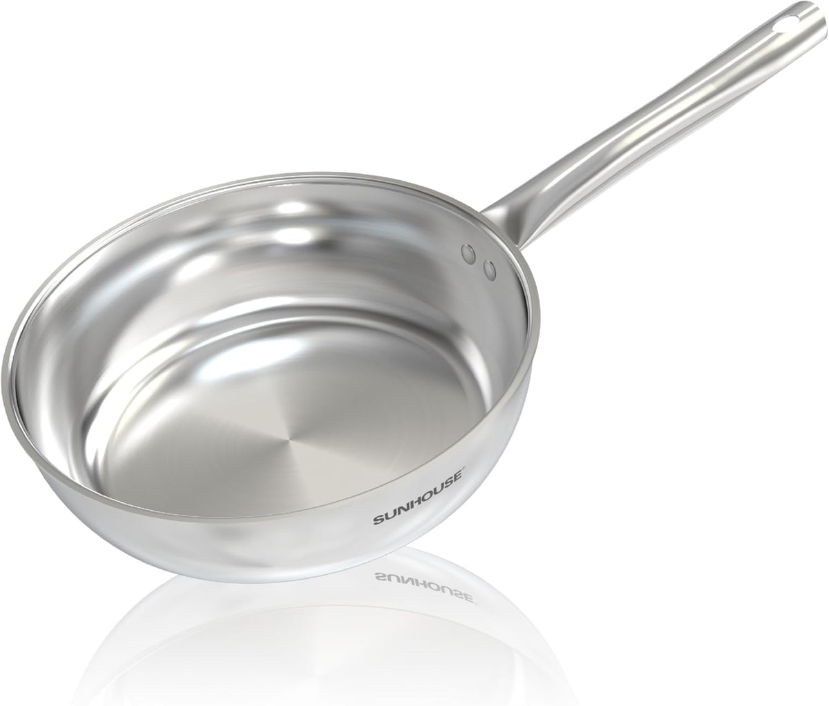 Sunhouse 8-inch pan exterior view shows durable coating-free stainless steel for versatile cooking.
