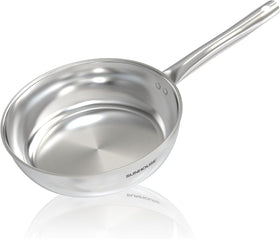 Sunhouse 8-inch pan exterior view shows durable coating-free stainless steel for versatile cooking.